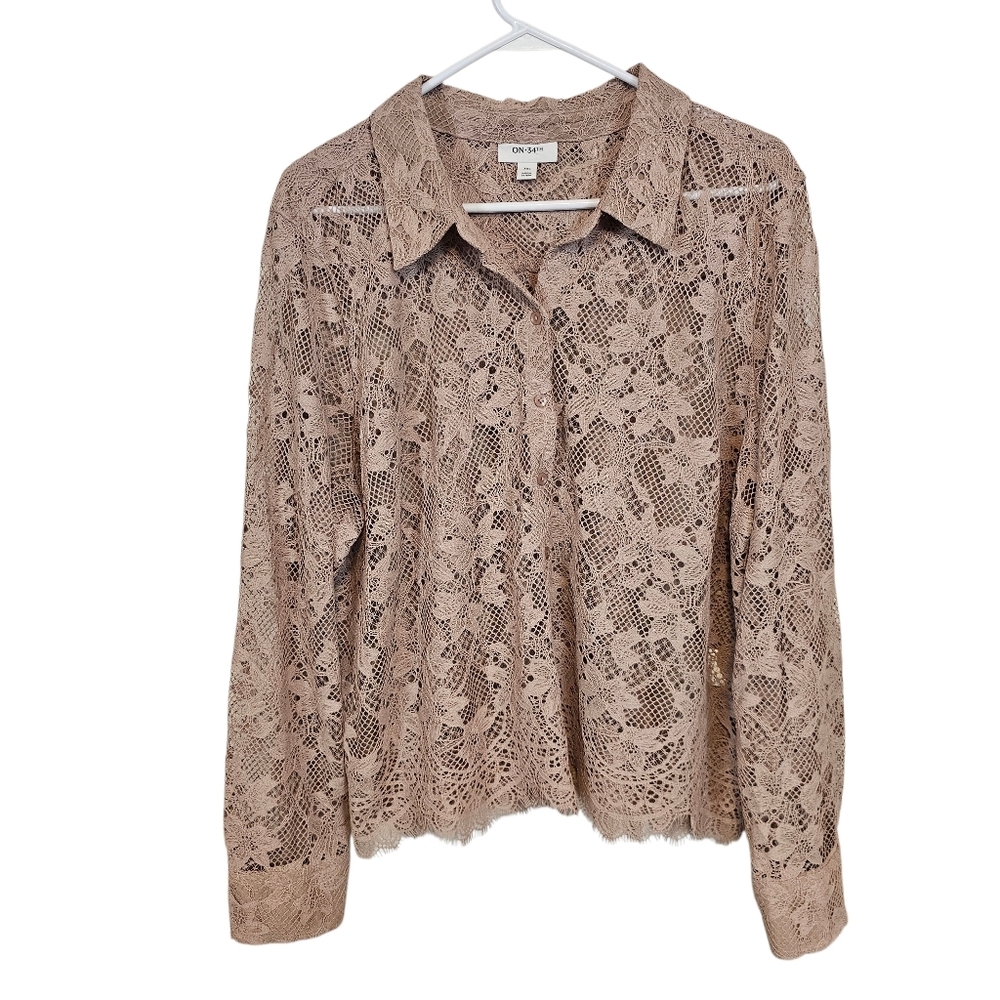 On 34th Lace Scalloped Hem Button Down Collared Top